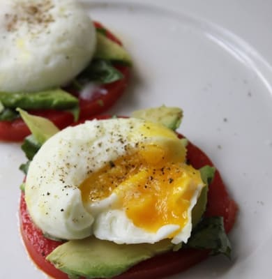 Poached Eggs with Heirloom Tomatoes, Avocado & Basil