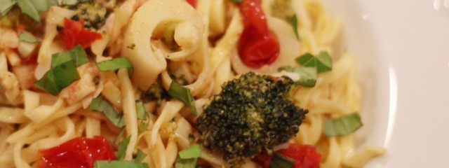 Linguine with Broccoli Tomatoes and Hearts of Palm